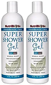 NutriBiotic Fragrance Free Super Shower Gel (Pack of 2) with Balm Mint, Matricaria, Grapefruit Seed Extract and Aloe Barbadensis, 12 fl. oz.