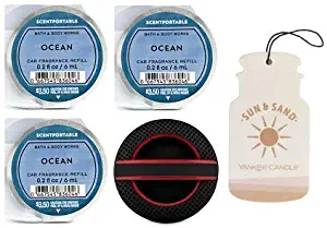 Bath and Body Works Textured Soft Touch Visor Clip Car Fragrance Holder & 3 Scentportable Ocean. Paperboard Car Fragrance Sun & Sand.