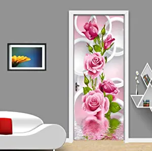 FLFK 3D Circle Rose Flower Self-Adhesive Door Wallpaper Murals Wall Stickers -Peel and Stick Door Poster for Home Decoration Vinyl Removable Art Decal