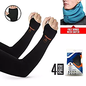 ARMORAY Thumbhole Arm Sleeves for Men or Women - Compression Warmers to Cover Tattoo - For Basketball Golf Running Football Cycling or Sun Protection (4 Pair Black Thumbhole)