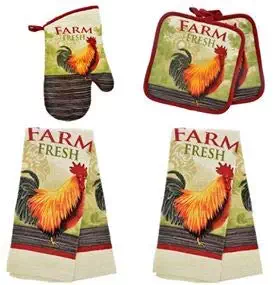 HomeConcept Farm Rooster 5 Piece Kitchen Towel Set Includes 2 Towels 2 Potholders 1 Oven Mitt