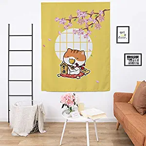 Ofat Home Magic Sticker Cute Chinese Colorful Red Style Good-Fortune Cat Curtains Natural Material Decorative for Home College Dorm Windows Doorway 47"x 59"Wall Decor No Curtain Rod Needed