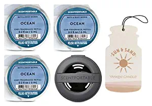 Bath and Body Works Black Soft Touch Vent Clip Car Fragrance Holder & 3 Scentportable Ocean. Paperboard Car Fragrance Sun & Sand.
