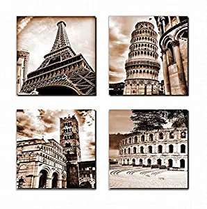 Canvas Wall Art Famous Old Architecture Canvas Artwork - 4 Piece Framed Canvas Art for Wall Decor - Contemporary Canvas Picture for Eiffel Tower Leaning Tower of Pisa Roman Colosseum Lucca Cathedra