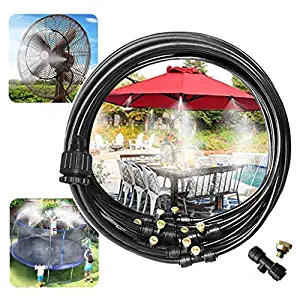 Outdoor Misting Cooling System, 33.3FT Misting Line + 12 Brass Mist Nozzles + a PVC Connector(3/4”)+a PVC Socket(1/2”) for Patio Fan Garden Greenhouse Misting, Trampoline Waterpark (Black)