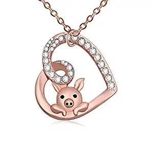 TUSHUO Delicate Cute Hollow Heart Lovely Pig Pendant Necklace Piggy Crystal Jewelry for Women Girls Birthday