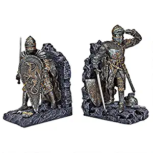 Design Toscano Arthurian Knight Medieval Decor Bookend Statues, 8 Inch, Set of Two, Grey Stone