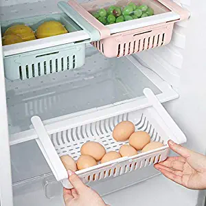 Qjoy Plastic Kitchen Refrigerator Storage Rack, Refrigerator Partition Layer Durable Storage Rack, Fruit Vegetable Holder, Kitchen Space Saver Organization, Blue, Apricot, White and Pink