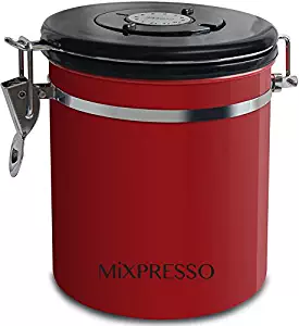 Mixpresso Stainless Steel Airtight Coffee Container with Date Tracking I For All Types Of Coffee | Vacuum Sealed Airtight Container | Breather Co2 Vent | Capacity-16 Ounces I Red I Coffee Canister