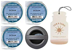 Bath and Body Works Black Soft Touch Visor Clip Car Fragrance Holder & 3 Scentportable Ocean. Paperboard Car Fragrance Sun & Sand.