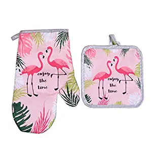 Sohapy Oven Mitt & Potholders Set Kitchen Heat Resistant and Machine Washable for Cooking Baking Grilling and BBQ Decorative Flamingos (Pink)