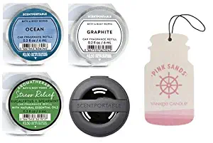 Bath and Body Works Black Soft Touch Vent Clip Car Fragrance Holder and 3 Scentportable. Ocean, Graphite and Stress Relief + Paperboard Car Fragrance Pink Sands.