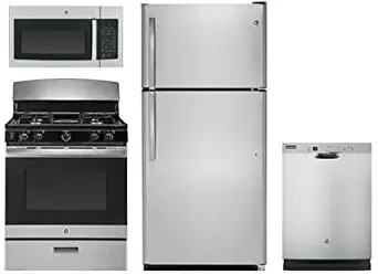 GE 4 Pcs Kitchen Package with GTS21FSKSS 32" fridge, JGBS30REKSS 30"Freestanding Gas Range, JVM3160RFSS 30" Over the Rage Microwave Oven and GDF610PSJSS 24"Built In Full Console D/W in Stainless Steel