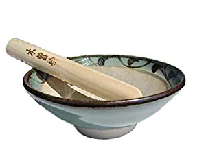 Made in Japan Mortar & Pestle (Suribachi & Surikogi) Set Medium 7.28 inches, Pale Blue-Green with Arabesque Pattern, Authentic Mino Ware Pottery