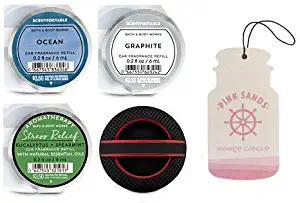 Bath and Body Works Textured Soft Touch Visor Clip Car Fragrance Holder and 3 Scentportable. Ocean, Graphite and Stress Relief + Paperboard Car Fragrance Pink Sands.