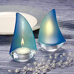 FASHIONCRAFT Blue Frosted Glass Stylish Sailboat Votive Tea Light Candle Holders, Set of 2