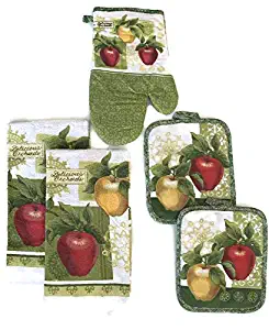 Golden & Red Apples Designer Kitchen Linen Bundle Oven Mitt (1) Towels (2) Pot Holders (2)