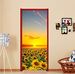 FLFK 3D Sunset Sunflower Field Self-Adhesive Door Wallpaper Murals Wall Stickers -Peel and Stick Door Poster for Home Decoration Vinyl Removable Art Decor