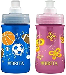 Brita Soft Squeeze Water Filter Bottle For Kids, Variety 2 Pack, Navy Blue Sports/Pink Butterflies