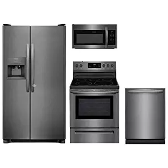 Frigidaire 4-Piece Kitchen Set FFSS2615TD with 36" Side by Side Refrigerator, FFEF3054TD 30" Electric Range, FFMV1645TD 30" Over-the-Range Microwave, FFID2426TD 24" Dishwasher in Stainless Steel