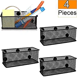 Acrux7 4 Pack Mesh Pen Holder Magnetic Basket Metal Magnetic Marker Holder Black Magnetic Mesh Bins for Refrigerator Whiteboard Locker