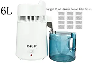 HaoFst Fully Upgraded 110V 950W 6 Liter Countertop Distilled Water Purifier Filter，All Stainless Steel 304 Interior,by FDA&CE Listed Approve，Equipped 12 Packs Premium Charcoal Water Filters