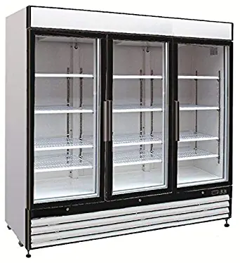 Chef's Exclusive CE331 Commercial 3 Three Swing Triple Glass Door Refrigerated Merchandiser Cooler Showcase LED Lights 72 Cubic Feet 12 Adjustable Shelves Digital Controller Locks, 81 Inch Wide, White