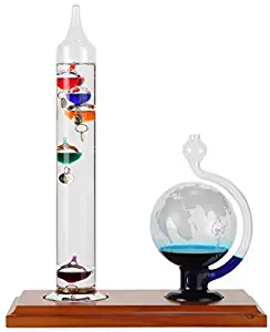 Lily's Home Galileo Thermometer with Etched Glass Globe Barometer, A Timeless Design That Measures Temperatures from 64ºF to 80ºF with a Beautiful Wood Base, 5 Multi-Colored Spheres (9 in x12 in)