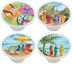 Set of 4 at The Beach Surfboards Flip Flops Adirondack Chair Umbrella Decorative Ceramic Dresser Drawer Pulls Cabinet Cupboard Knobs