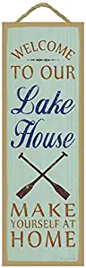 SJT ENTERPRISES, INC. Welcome to Our Lake House. Make Yourself at Home (Oar Image) Lake Primitive Wood Plaque Sign, 5