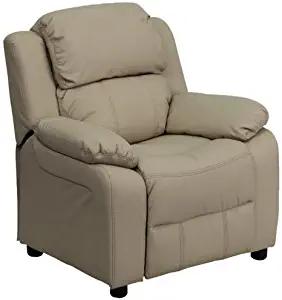 Flash Furniture Deluxe Padded Contemporary Beige Vinyl Kids Recliner with Storage Arms