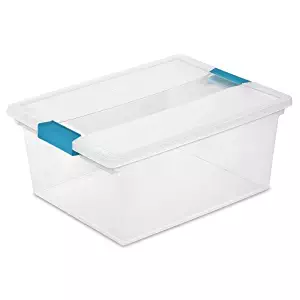 Deep Clip Plastic Storage Box for Stackable Storage, Clear with Blue Clips, 14" x 11" x 6.25", 4-Pack