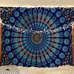 Jaipur Handloom Top Selling Psychedelic Peacock Mandala Tapestry A Perfect Hippie, Bohemian, Indian, Boho, Dorm, Hippy, Psychedelic, Wall Hanging (Queen (84 X 85 inches Approx), Blue)