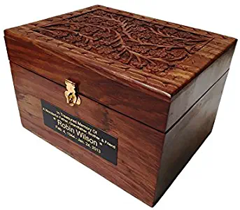 Adult Size Hard Wood Human Funeral Cremation Urn with Hand Engraved Flower Design and a Personalized Name Plate