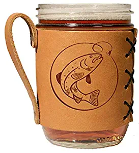 OOWEE : Wide Mouth Mason Jar Holder: Branded Leather with Fish on a Hook Logo - Leather Mason Jar Sleeve with Handle - Fits 16-oz Wide Mason Jar - Sleeve Only NO Jar Included